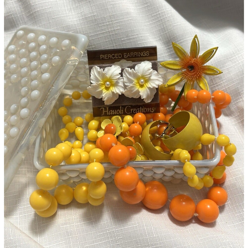 Vintage Anchor Hocking Moonstone Jewelry Lot Orange Yellow Mod Floral Beads